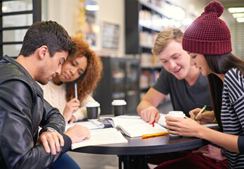Aufkleber - Students study in a group in library, people learning for university education and scholarship. Academic development, knowledge with young men and women studying for exam, research and reading book
