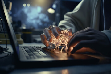 Poster - Close - up of scientist's hands using laptop and microscope in lab, Generative AI