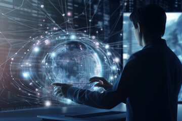 Poster - Digital technology, internet network connection, big data, digital marketing IoT internet of things. Man using modern computer surfing internet futuristic innovative technology, Generative AI