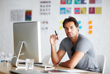 Aufkleber - Computer, portrait and pen for man planning, ideas and creativity for online career, graphic design and website. Creative, face and serious person on desktop pc, startup business and office workplace