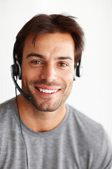 Aufkleber - Portrait, call center and consultant man isolated on white background in virtual communication or technical support. Face of business agent or happy telecom person for telemarketing in studio mockup