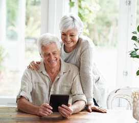 Poster - Tablet, happy old couple and online in home with social media, reading news app and ebook. Retirement, senior man and woman with digital technology for subscription, streaming and network connection