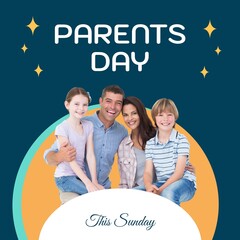 Poster - Composition of parents day text over caucasian couple with son and daughter