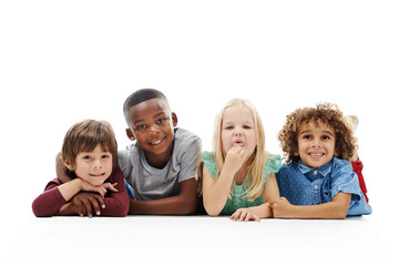 smile, diversity and children or face on the floor together or against a white background and friend