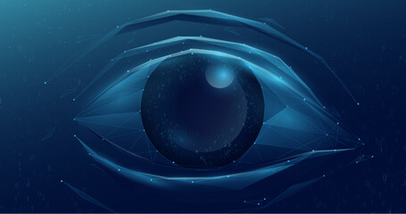 Aufkleber - Human eye. Eye security technology with binary code. Eye safety scanner. Low polygons, triangles, wireframes, and particle style. Vector illustration