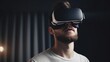 © Rudsaphon - Young man wearing virtual reality goggles, Future technology and entertainment concept.Generative Ai
