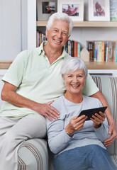 Poster - Portrait, senior couple and smile with tablet, sofa and home for social media, online news app and ebook. Happy old man, woman and digital technology for subscription, website and internet connection