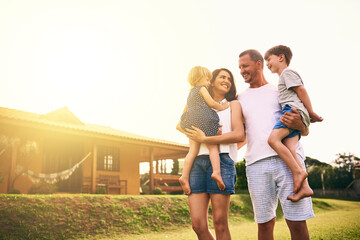 Wall Mural - Family, bonding and new home with father, mother and kids with happiness and love. Outdoor, mockup and lens flare of a mom, dad and children together in a garden and backyard with a smile and care