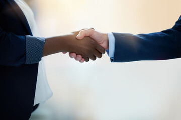 Wall Mural - Closeup hand shake, business people and agreement in office for hiring, collaboration and thank you. Woman, businessman and shaking hands with respect, deal or welcome for recruitment at interview