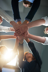 Aufkleber - Hands together, solidarity and business people in team with low angle, support and trust with professional community. Diversity, collaboration and corporate group in meeting with goals and commitment