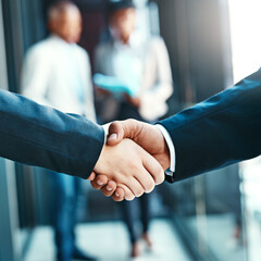 Aufkleber - Handshake, business people with agreement and support with networking, welcome and introduction. Hiring, recruitment and promotion, corporate team shaking hands and partnership with collaboration