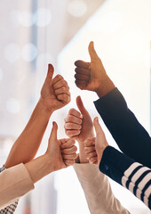 Aufkleber - Hands, collaboration and thumbs up with a business team in the office together for motivation or success. Teamwork, yes and winner with an employee group in gesture of like, support or celebration