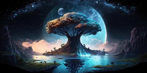 Wall Mural - fantasy fairytale sphere island floating in universe of night sky. superlative generative ai image.