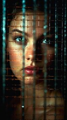 reflection window woman looking cage blue light piercing brown eyes young girl two models frame sigm