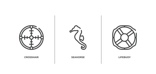 Poster - diving outline icons set. thin line icons sheet included crosshair, seahorse, lifebuoy vector.