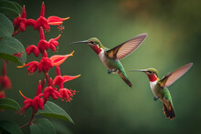 Couple Of Hummingbirds Flying Around Red Flower, Blurred Flowered Green Background