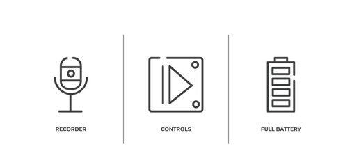 Poster - notification outline icons set. thin line icons sheet included recorder, controls, full battery vector.