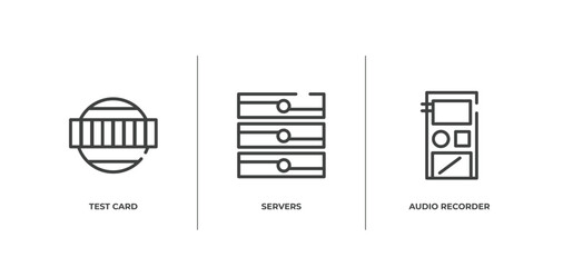 Poster - news outline icons set. thin line icons sheet included test card, servers, audio recorder vector.