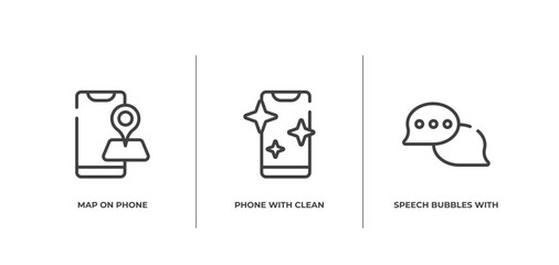 Poster - chatting outline icons set. thin line icons sheet included map on phone, phone with clean screen, speech bubbles with ellipsis vector.