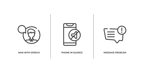 Poster - talking outline icons set. thin line icons sheet included man with speech bubble, phone in silence, message problem vector.