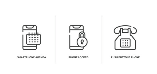 Poster - history of phones outline icons set. thin line icons sheet included smartphone agenda, phone locked, push buttons phone vector.