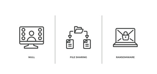 Poster - cyber crimes outline icons set. thin line icons sheet included null, file sharing, ransomware vector