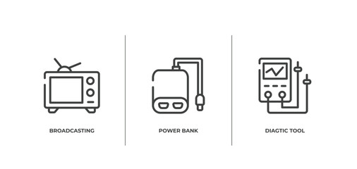Poster - network architecture outline icons set. thin line icons sheet included broadcasting, power bank, diagtic tool vector.