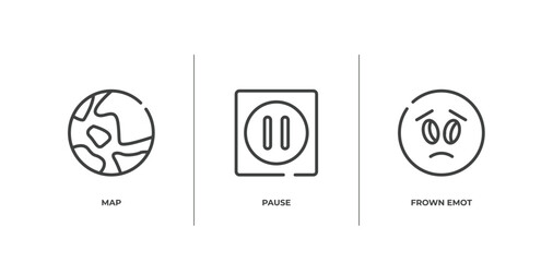 Poster - computer and media outline icons set. thin line icons sheet included map, pause, frown emot vector.