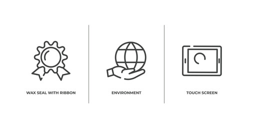Poster - modern screen outline icons set. thin line icons sheet included wax seal with ribbon, environment, touch screen vector.