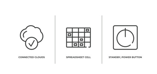 Poster - computer and media outline icons set. thin line icons sheet included connected clouds, spreadsheet cell row, standby, power button vector.