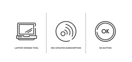 Poster - computer and media outline icons set. thin line icons sheet included laptop opened tool, rss updates subscription, ok button vector.