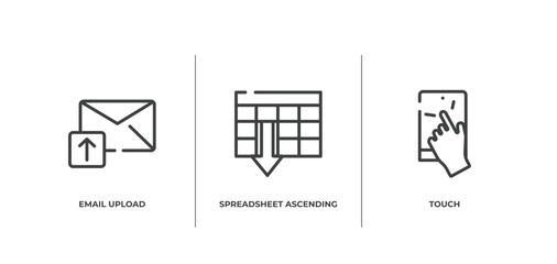 Poster - modern screen outline icons set. thin line icons sheet included email upload, spreadsheet ascending order, touch vector.
