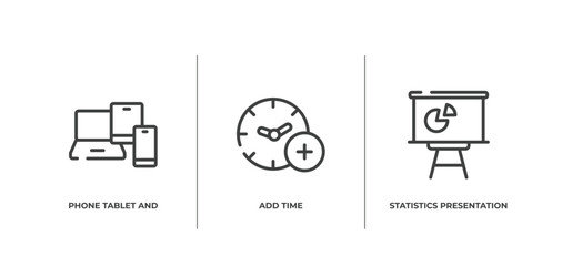 Canvas Print - computer and media outline icons set. thin line icons sheet included phone tablet and laptop, add time, statistics presentation vector.