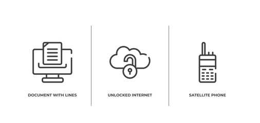 Poster - material devices outline icons set. thin line icons sheet included document with lines, unlocked internet, satellite phone vector.