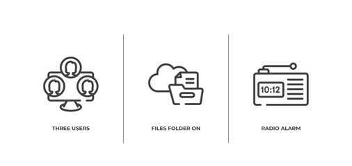 Poster - material devices outline icons set. thin line icons sheet included three users, files folder on cloud, radio alarm vector.