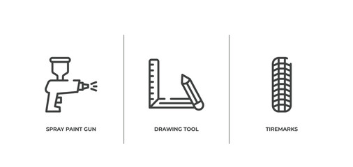 Poster - work tools outline icons set. thin line icons sheet included spray paint gun, drawing tool, tiremarks vector.