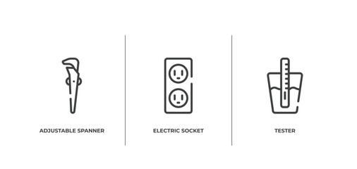 Poster - plumber outline icons set. thin line icons sheet included adjustable spanner, electric socket, tester vector.