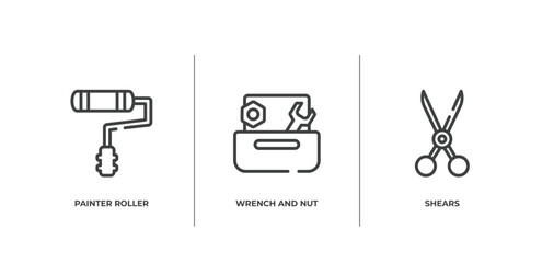 Poster - tool box outline icons set. thin line icons sheet included painter roller, wrench and nut, shears vector.