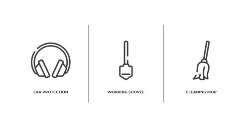 Poster - toolbox outline icons set. thin line icons sheet included ear protection, working shovel, cleaning mop vector.