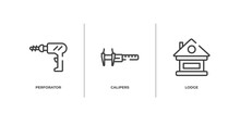 Construction Outline Icons Set. Thin Line Icons Sheet Included Perforator, Calipers, Lodge Vector.