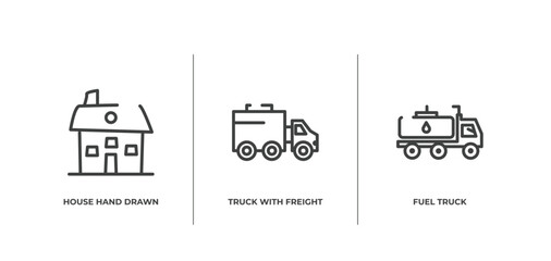 Wall Mural - constructicons outline icons set. thin line icons sheet included house hand drawn building, truck with freight, fuel truck vector.