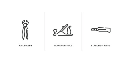 Poster - carpentry diy tools outline icons set. thin line icons sheet included nail puller, plane controls, stationery knife vector.