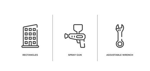 Poster - tools and hinery outline icons set. thin line icons sheet included rectangles, spray gun, adjustable wrench vector.