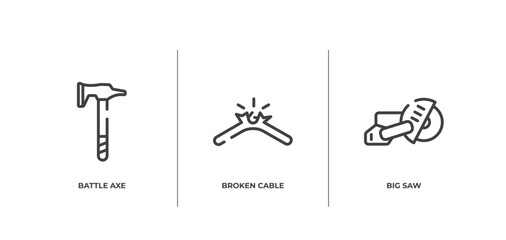 Poster - tools and hinery outline icons set. thin line icons sheet included battle axe, broken cable, big saw vector.