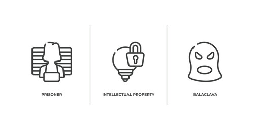 Poster - law and justice outline icons set. thin line icons sheet included prisoner, intellectual property, balaclava vector.