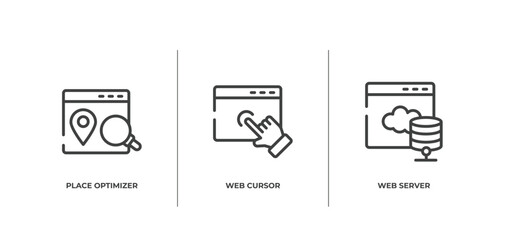 Poster - marketing and seo outline icons set. thin line icons sheet included place optimizer, web cursor, web server vector.