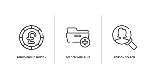 Poster - business pack outline icons set. thin line icons sheet included round pound button, folder with plus, person search vector.