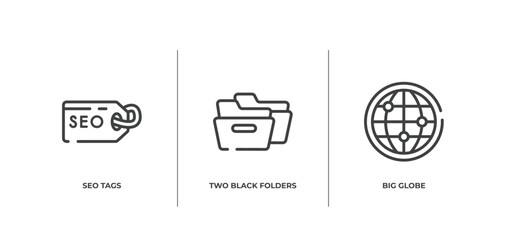 Poster - business and finance outline icons set. thin line icons sheet included seo tags, two black folders, big globe vector.