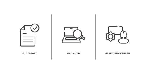 Poster - marketing and seo outline icons set. thin line icons sheet included file submit, optimizer, marketing seminar vector.