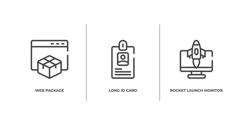 Poster - marketing and seo outline icons set. thin line icons sheet included web package, long id card, rocket launch monitor vector.